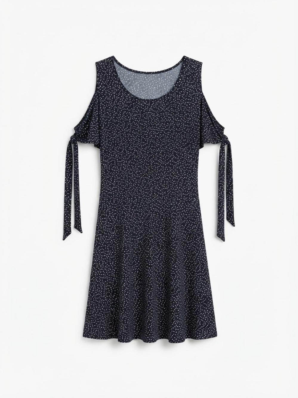 Kaileigh Navy with White Dot Cold-Shoulder Tie-Sleeve Mini Dress
